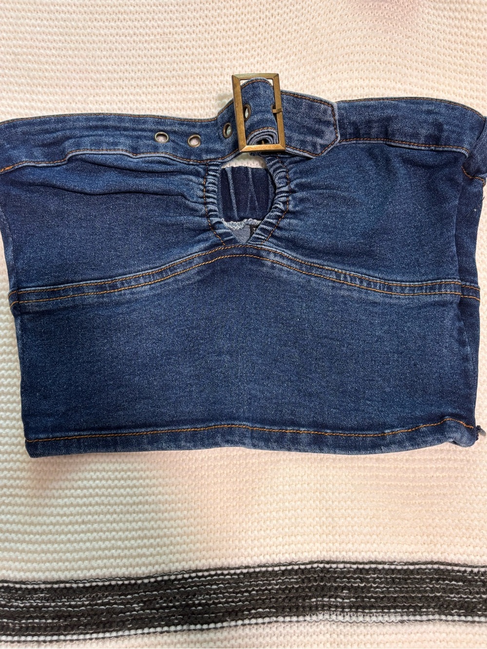 CIDER Denim Strapless Bustier Top with Buckle - Dark Blue